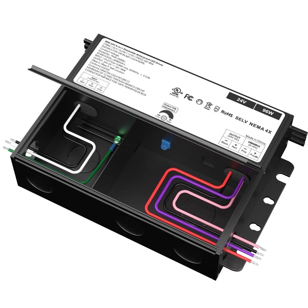 96W 24V 5-in-1 Dimmable LED Driver, 110-277V AC to DC Power Supply Transformer f